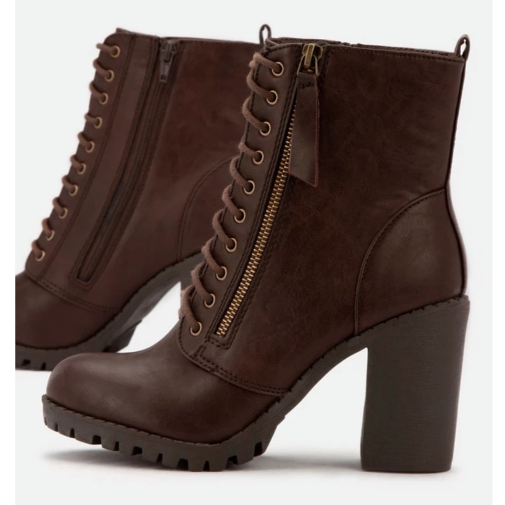 Brown Lace Up High Chunky Heel Combat Boots - Picture 5 of 8